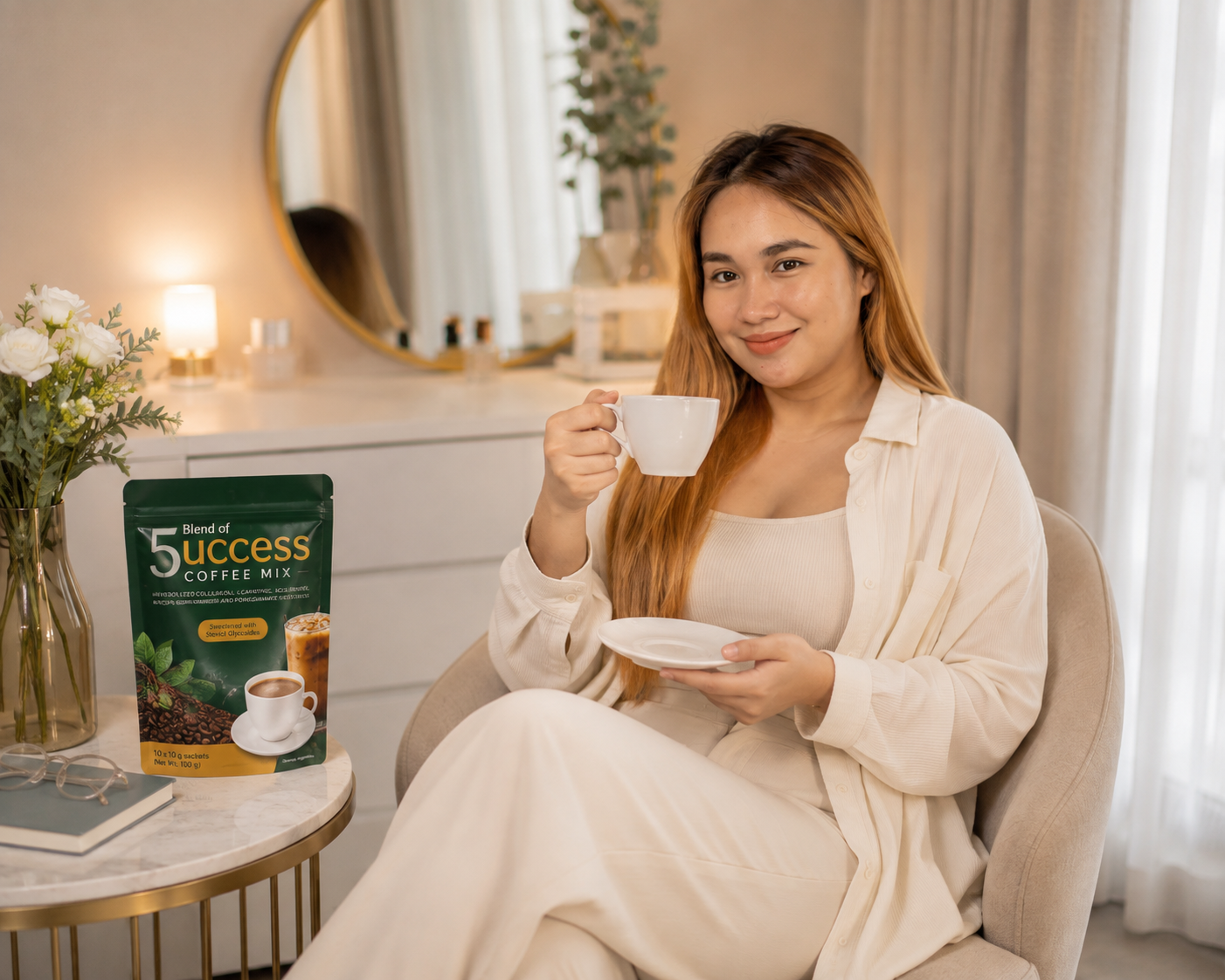 Blend of 5UCCESS coffee mix highlighted as part of a beauty and wellness routine